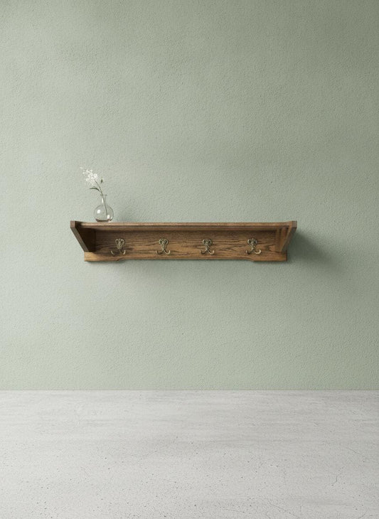 Vintage Garderobe aus Holz mit Messing-Doppelhaken und Ablage