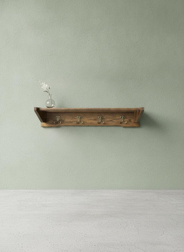 Vintage Garderobe aus Holz mit Messing-Doppelhaken und Ablage
