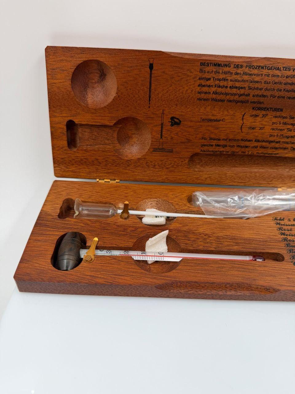 Vintage Alkoholmeter Thermometer Set in Holzkasten