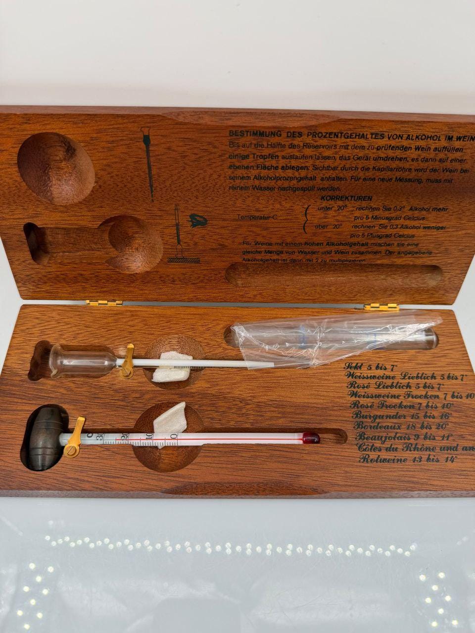 Vintage Alkoholmeter Thermometer Set in Holzkasten
