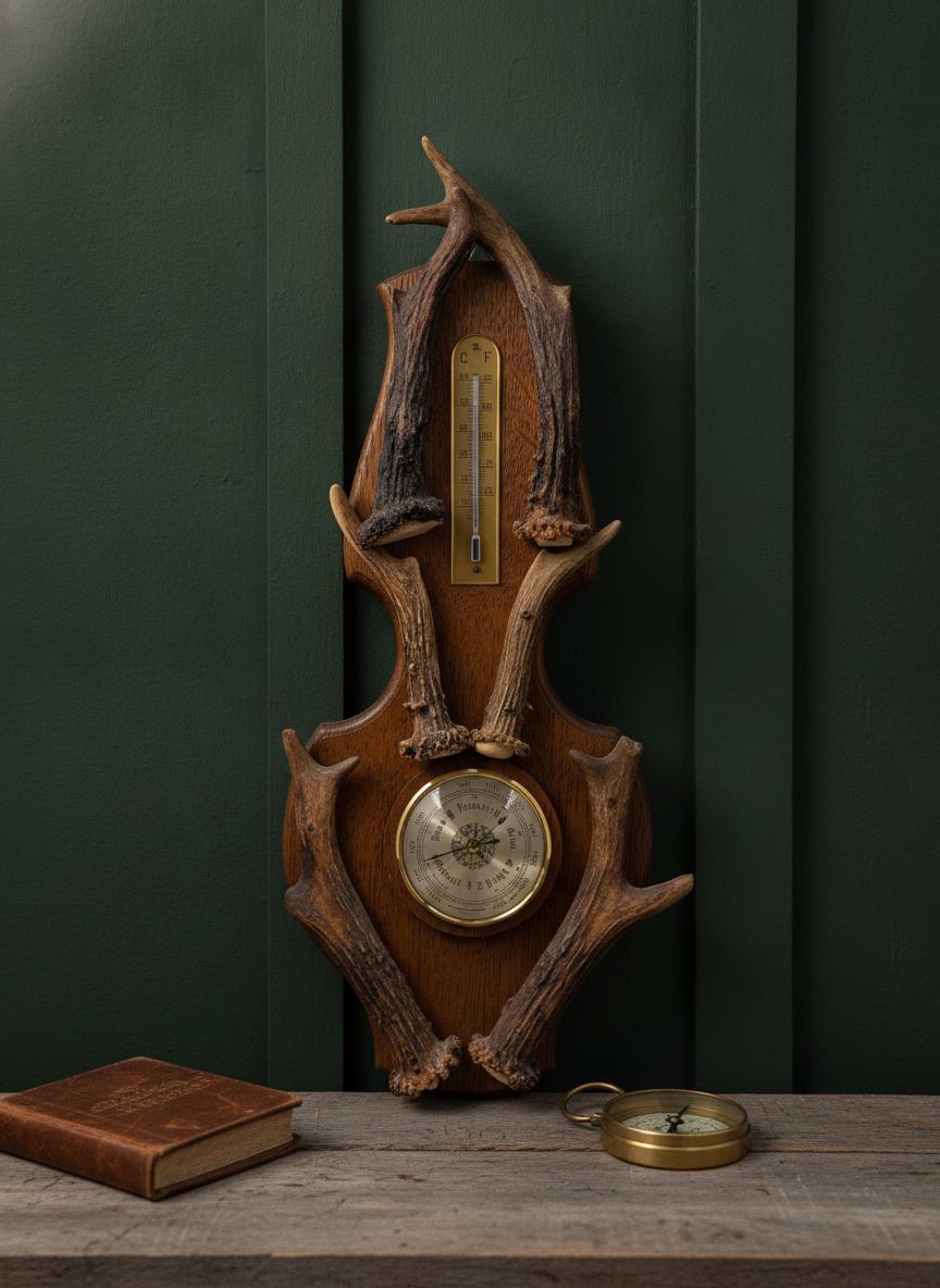 Vintage Barometer mit Geweih, Schwarzwälder Jagdstil
