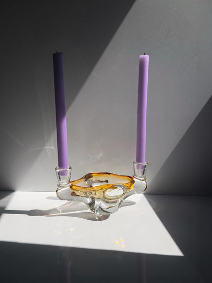 Vintage Murano Glas Aschenbecher mit Kerzenhaltern, Amber und Klar, Italien 1970er