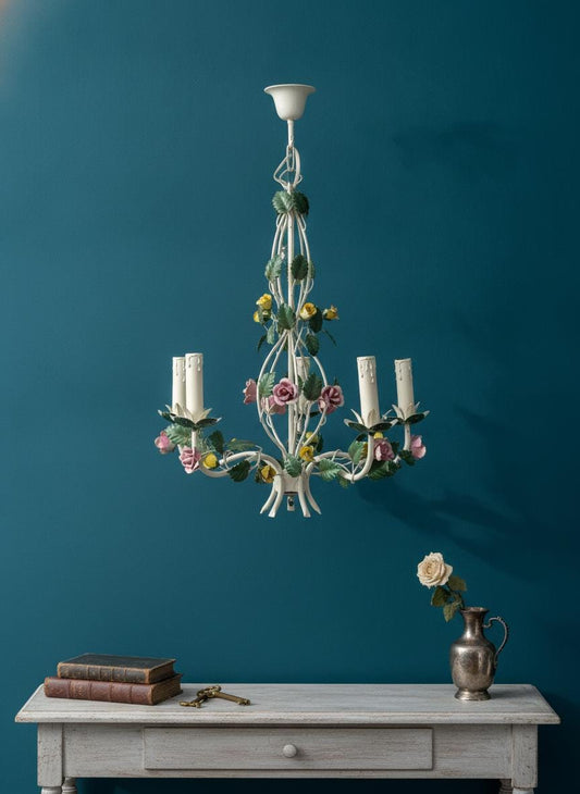Vintage Kronleuchter Florentiner Stil mit Blumendekor, 5-armig