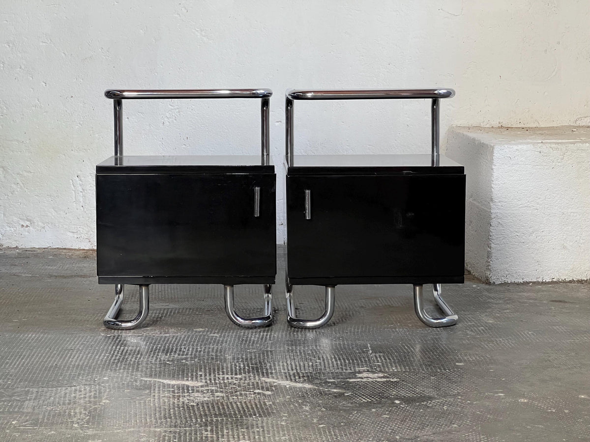 Set von 2 Vintage Nachttische Stahlrohr Schwarz Hochglanz