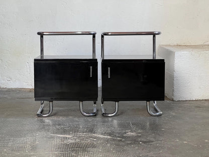Set von 2 Vintage Nachttische Stahlrohr Schwarz Hochglanz