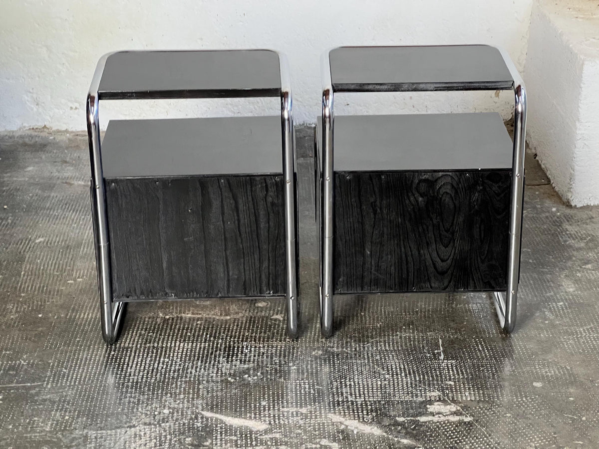 Set von 2 Vintage Nachttische Stahlrohr Schwarz Hochglanz