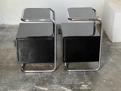 Set von 2 Vintage Nachttische Stahlrohr Schwarz Hochglanz