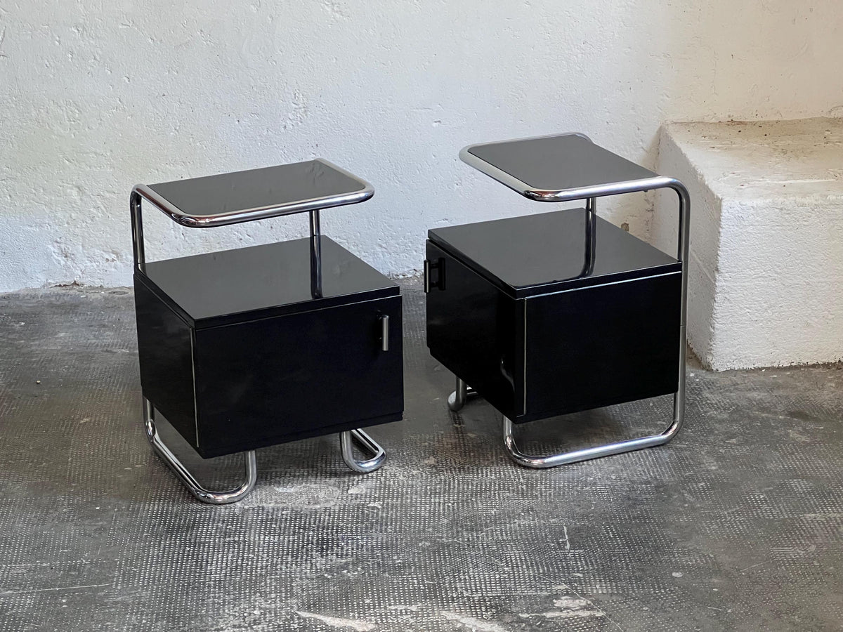 Set von 2 Vintage Nachttische Stahlrohr Schwarz Hochglanz