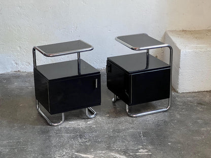 Set von 2 Vintage Nachttische Stahlrohr Schwarz Hochglanz