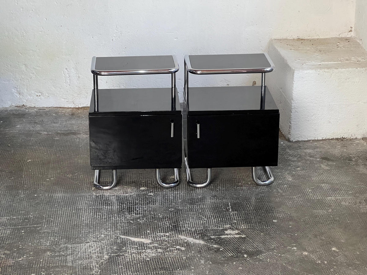 Set von 2 Vintage Nachttische Stahlrohr Schwarz Hochglanz