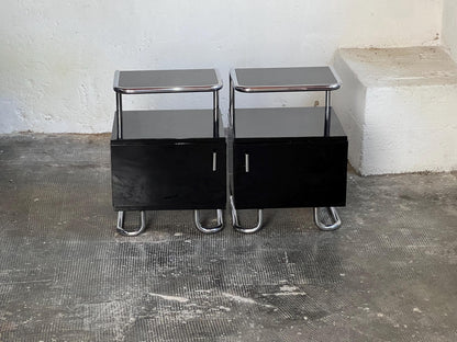 Set von 2 Vintage Nachttische Stahlrohr Schwarz Hochglanz