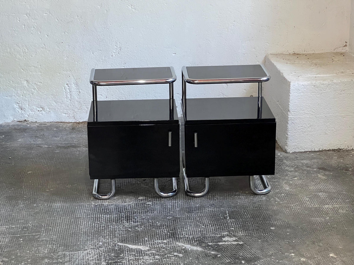 Set von 2 Vintage Nachttische Stahlrohr Schwarz Hochglanz