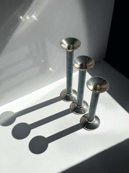Set von 3 Vintage Kerzenständer in Marmoroptik, Türkis