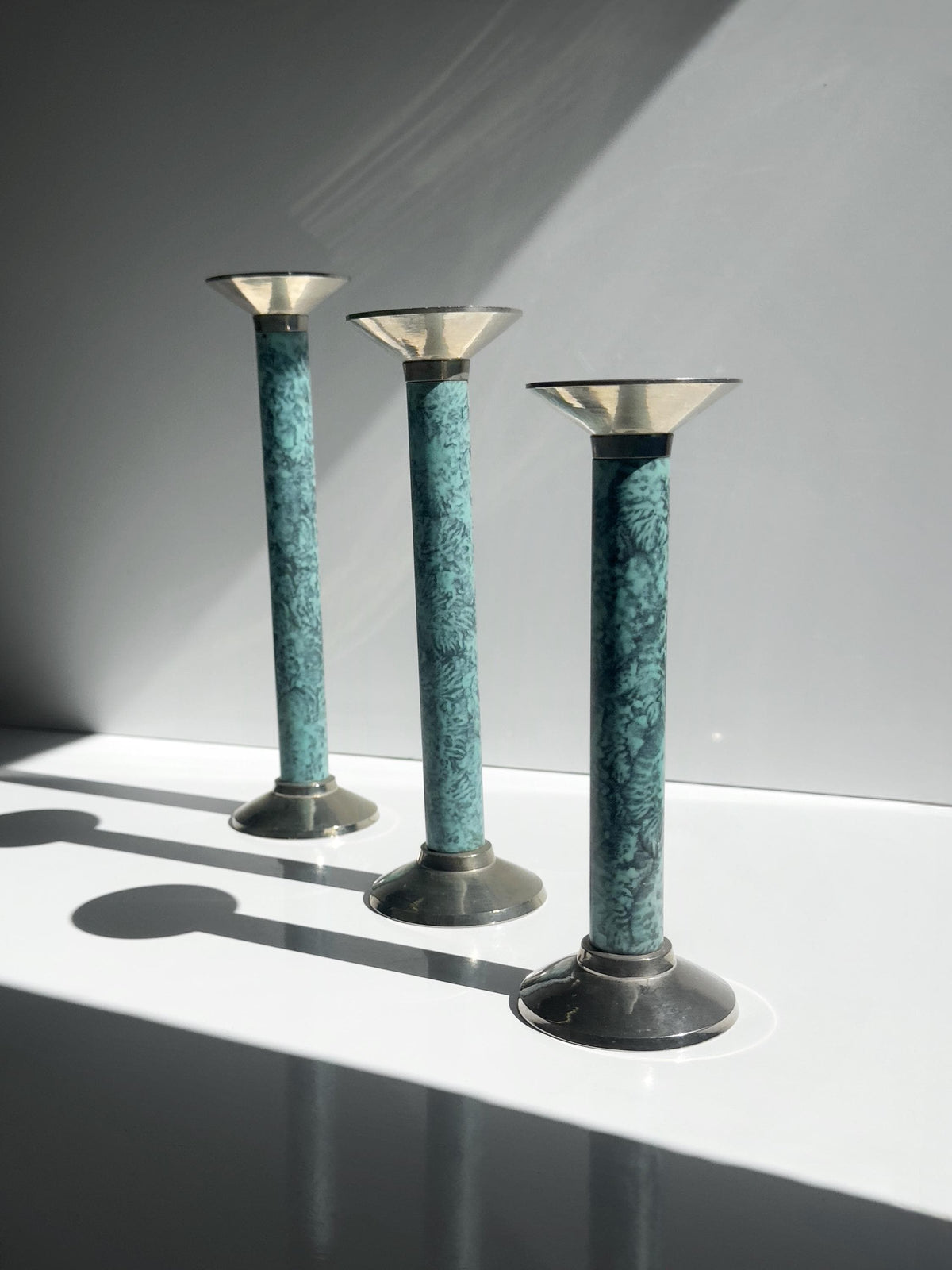 Set von 3 Vintage Kerzenständer in Marmoroptik, Türkis