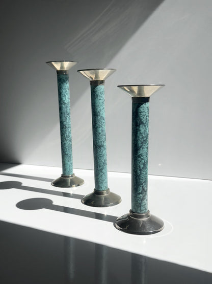Set von 3 Vintage Kerzenständer in Marmoroptik, Türkis
