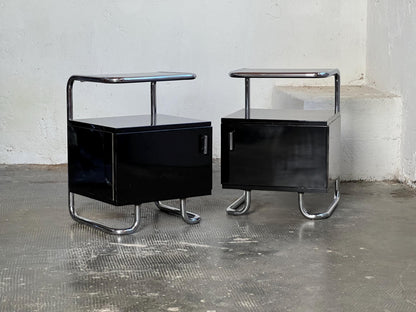Set von 2 Vintage Nachttische Stahlrohr Schwarz Hochglanz