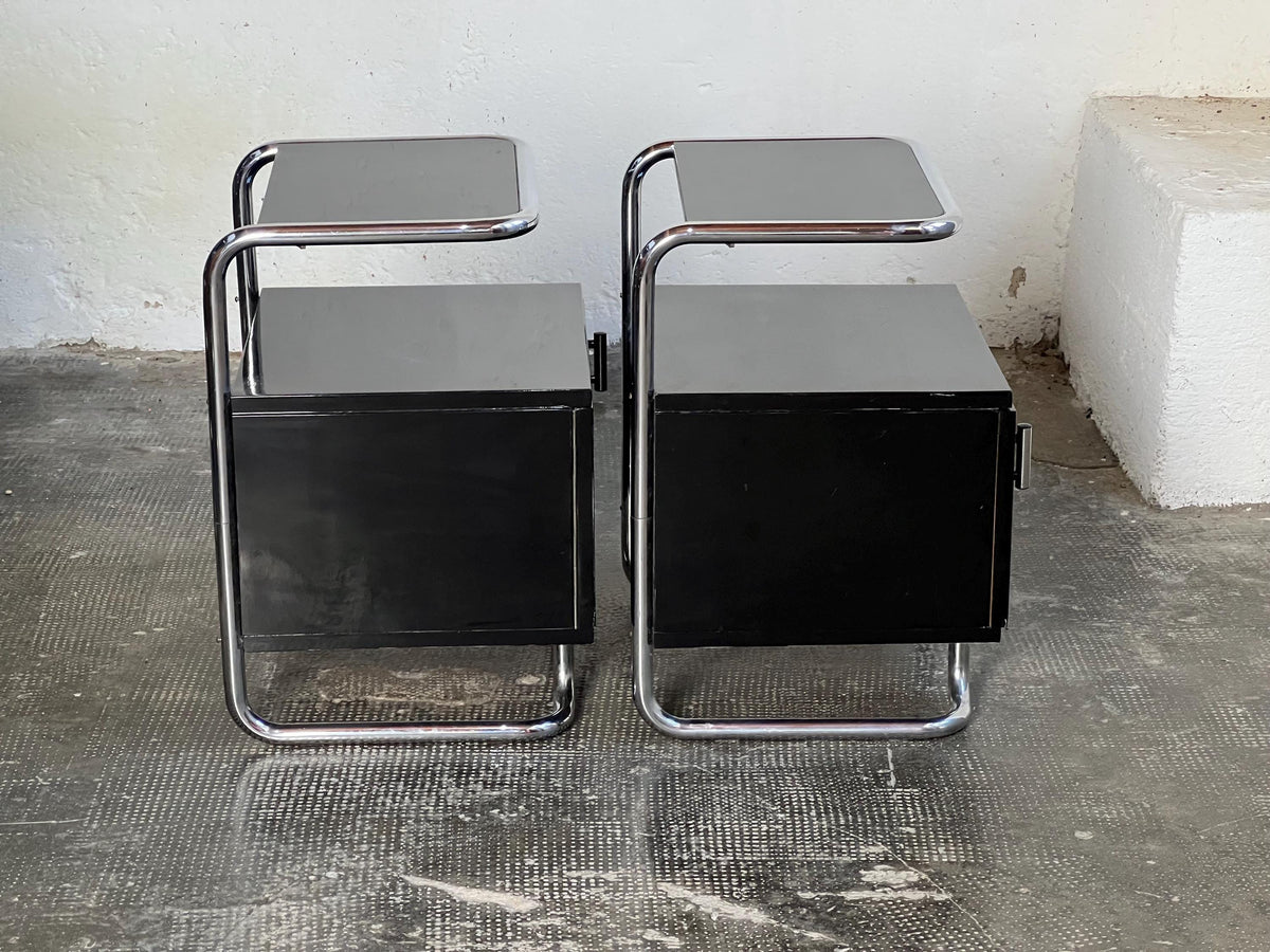 Set von 2 Vintage Nachttische Stahlrohr Schwarz Hochglanz