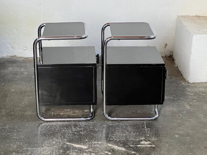 Set von 2 Vintage Nachttische Stahlrohr Schwarz Hochglanz