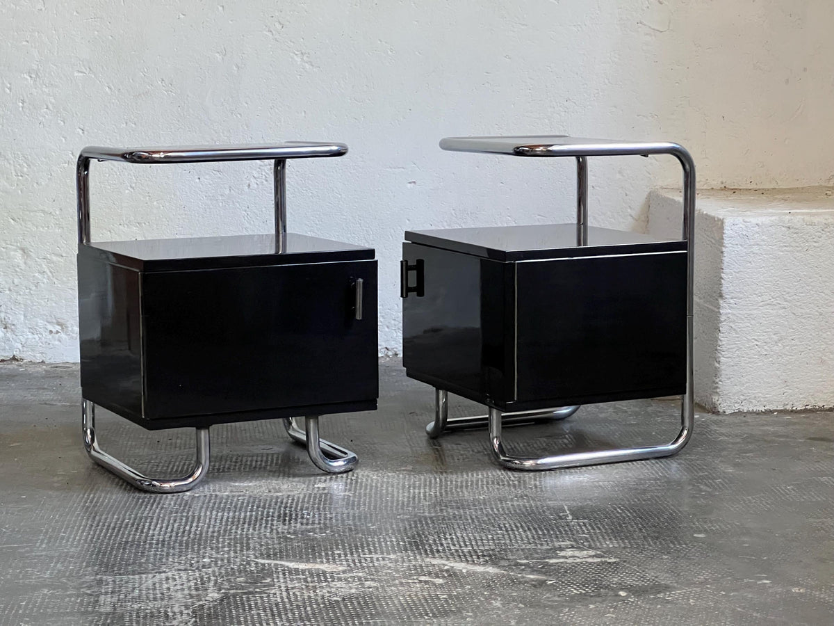 Set von 2 Vintage Nachttische Stahlrohr Schwarz Hochglanz