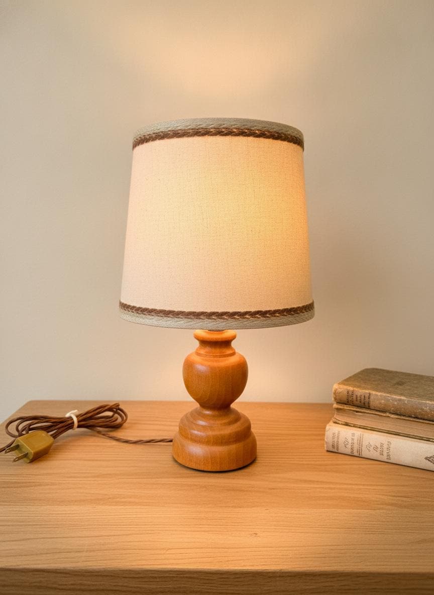 Vintage Tischlampe Holz Creme Stoffschirm Mid-Century