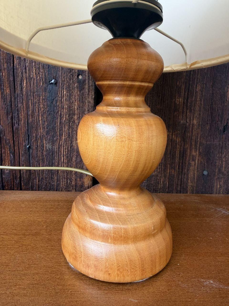 Vintage Tischlampe Holz Creme Stoffschirm Mid-Century