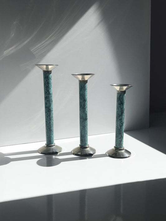 Set von 3 Vintage Kerzenständer in Marmoroptik, Türkis
