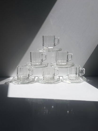 Set von 6 Vintage Glas-Espressotassen mit Untertassen, Italien 1980er/90er