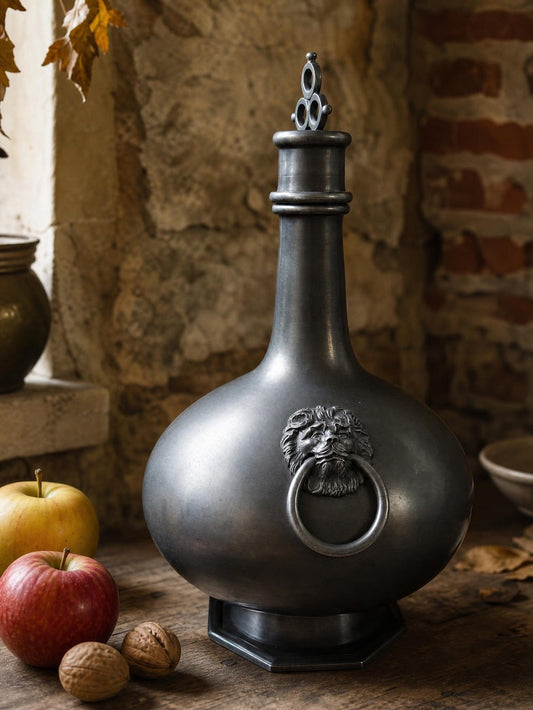 Vintage Dekoflasche Peltro Löwenkopfdekor Italien