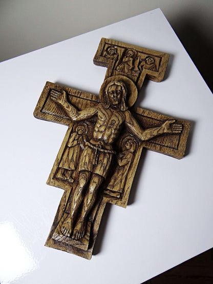 Vintage Wandkreuz "San Damiano" aus geschnitztem Holz