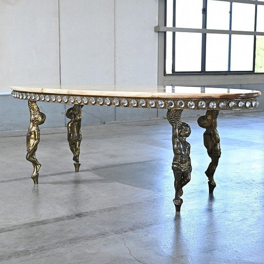 Vintage Couchtisch mit Engelmotiv und Kristalldekor, oval