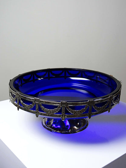 Vintage Schale aus Kobaltglas und versilbertem Metall, Louis XVI Stil, circa 1900-1920