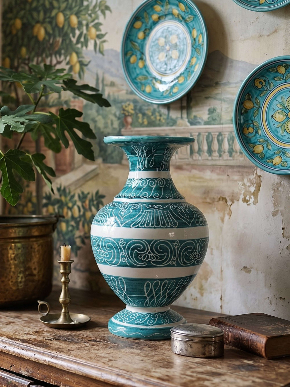 Vintage Vase Balusterform aus Keramik in Türkis