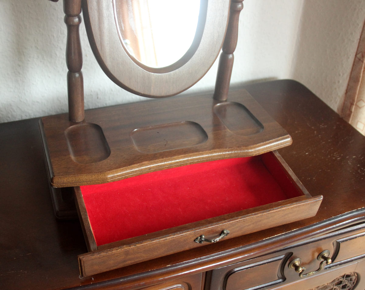 Vintage Schminkspiegel aus Holz und Glas mit Schublade