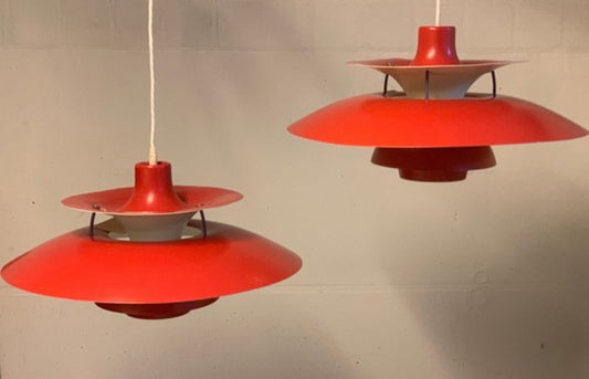 Vintage Pendelleuchte PH5 von Poul Henningsen für Louis Poulsen rot blau weiß Set von 2
