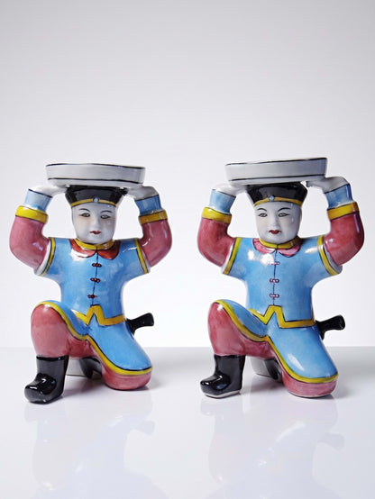 Set von 2 Vintage Kerzenhalter aus bunt bemaltem chinesischem Porzellan