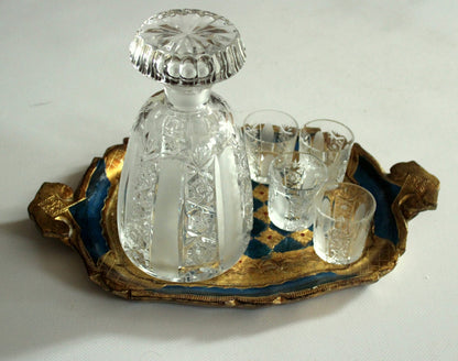 Vintage Karaffen-Set mit 5 Likörgläsern und Florentiner Tablett, Böhmen
