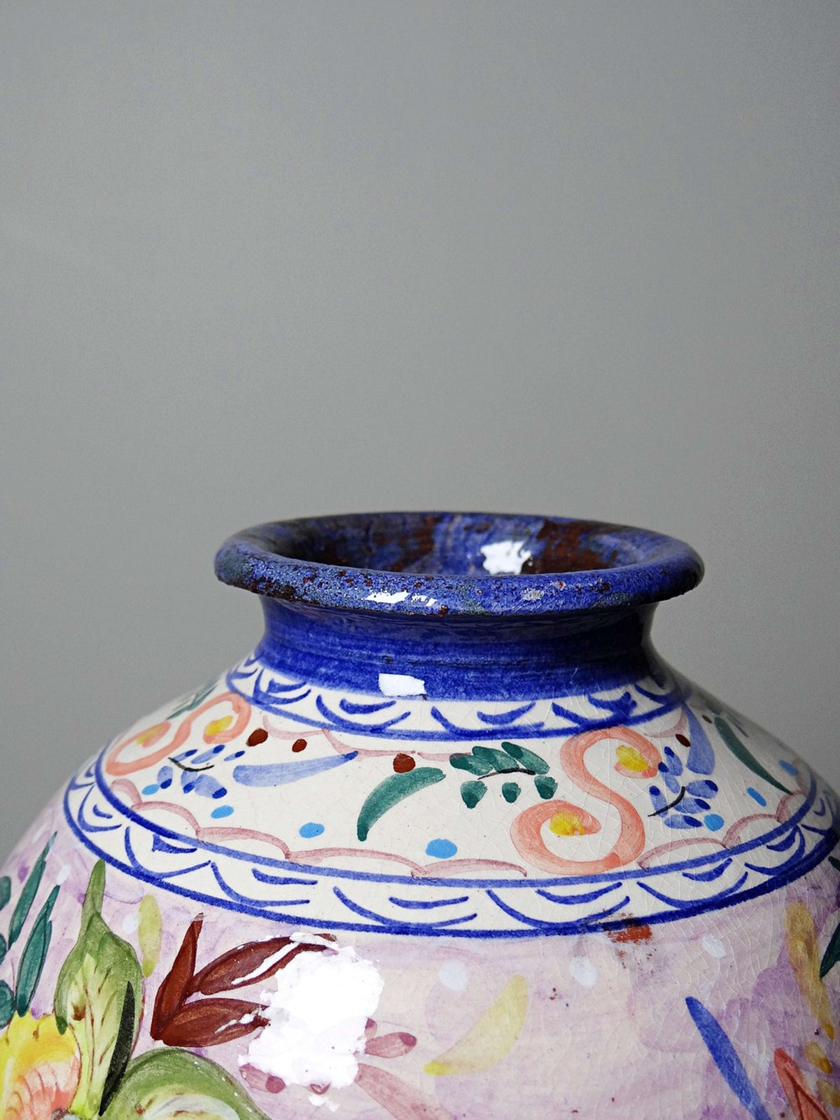 Vintage Vase Keramik handbemalt, Blumendekor, Portugal