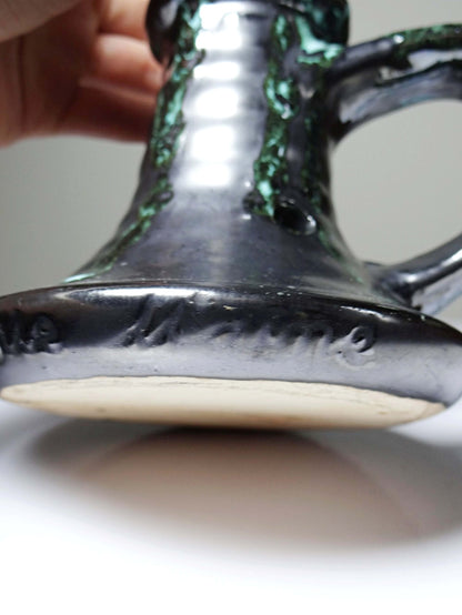 Vintage Keramik Kerzenhalter von Poteries Maine Sars-Poteries, schwarz-türkis