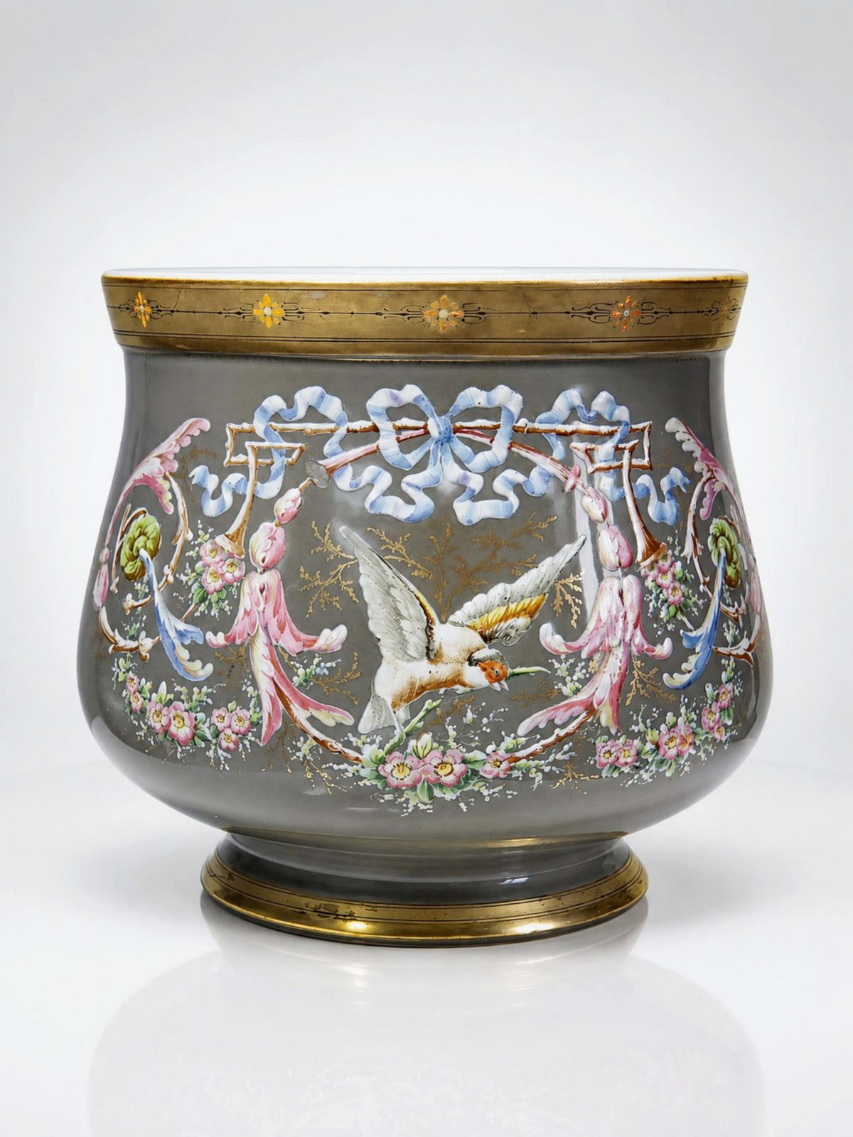 Vintage Übertopf aus emailliertem Porzellan mit Vogel-Rocaille-Dekor, Frankreich 19. Jh.