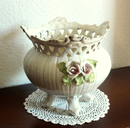 Vintage Keramik Blumentopf mit handbemalten Rosen, 1970er Jahre