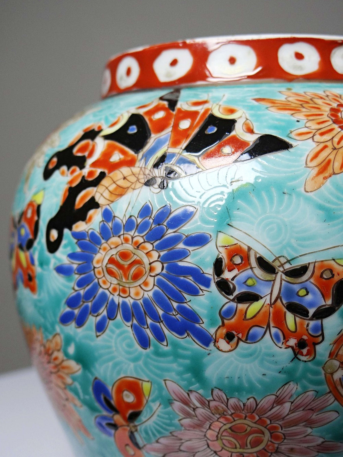 Vintage Vase Porzellan handbemalt, Meiji-Periode, Türkis und Gold