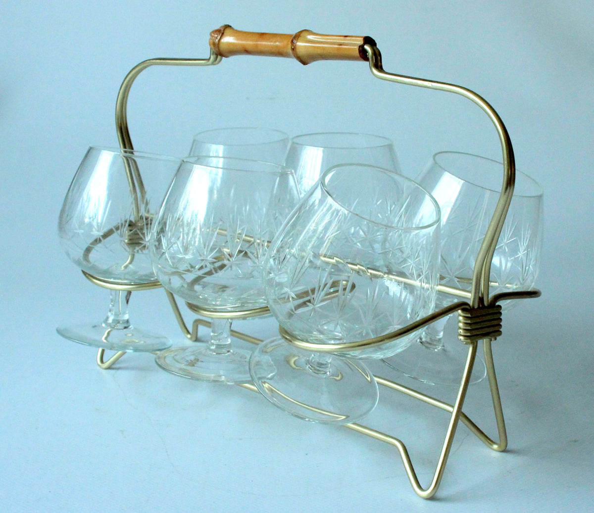 Set von 6 Vintage Cognacgläsern im Messingständer