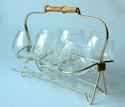 Set von 6 Vintage Cognacgläsern im Messingständer