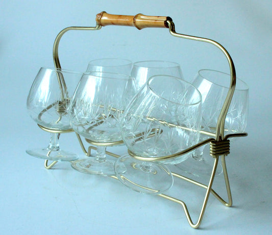 Set von 6 Vintage Cognacgläsern im Messingständer