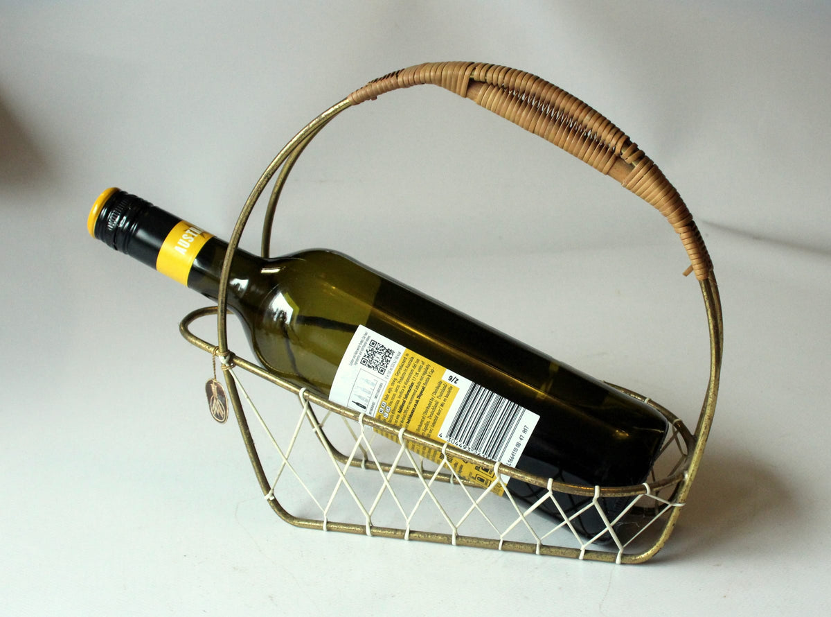 Vintage Flaschenkorb Messing und Rattan, Mid-Century