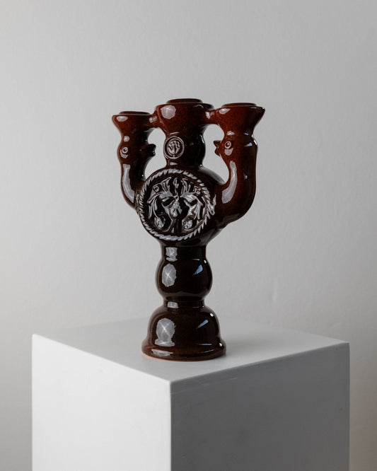 Vintage Kerzenhalter für 3 Kerzen Keramik braun Relief, Dekoration, Estland 60er
