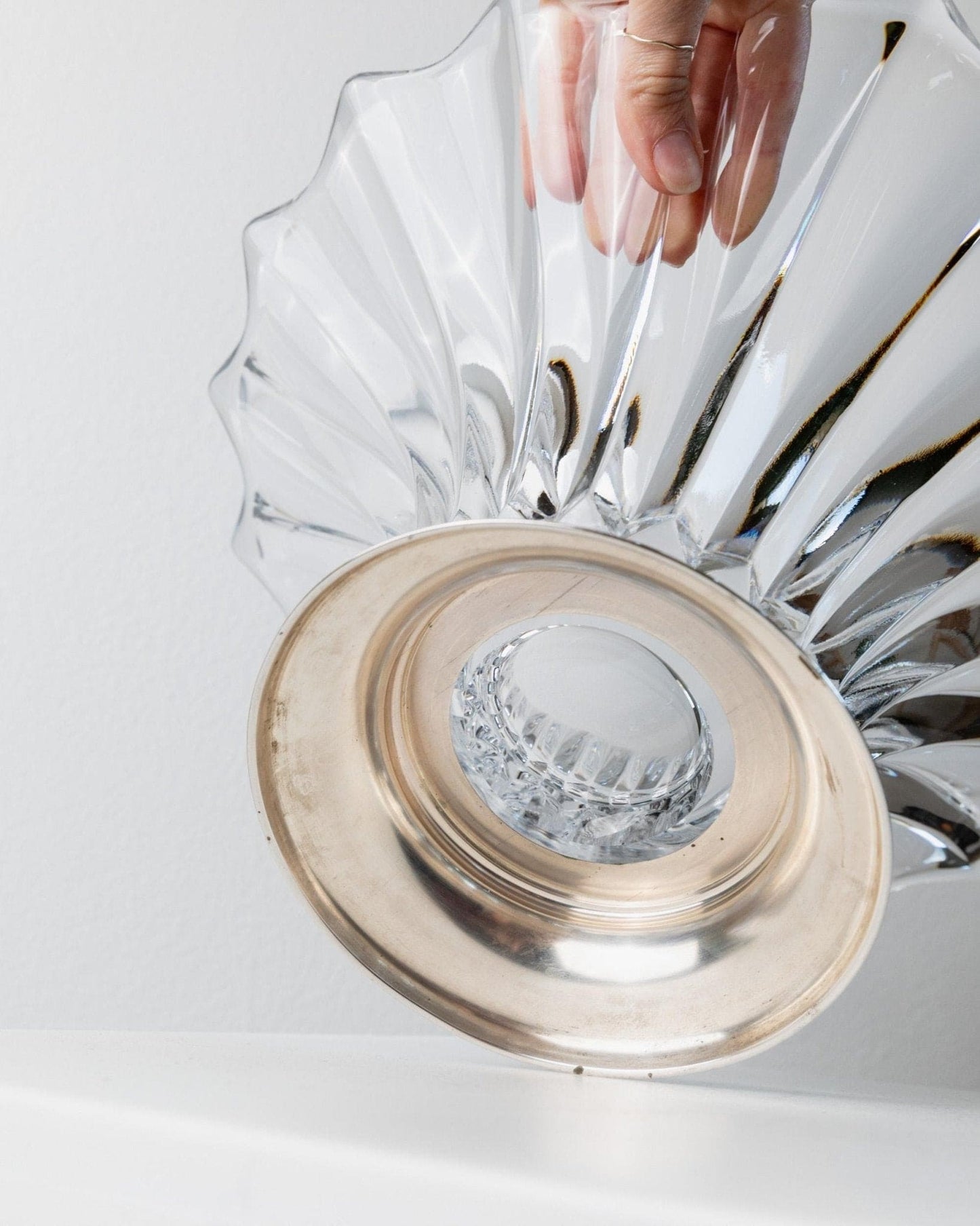 Vintage Glasschale Kristallglas mit Silberfuß Italien 1940er Jahre