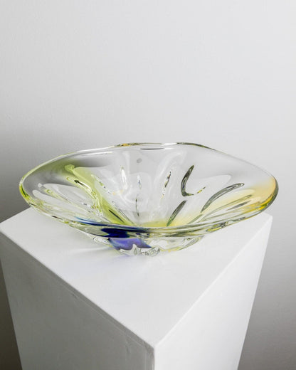 Vintage Schale Murano Glas oval klar mit Blau und Gelb Design Italien 1970er