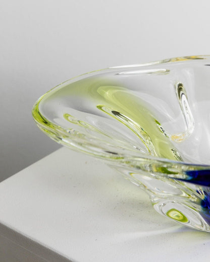 Vintage Schale Murano Glas oval klar mit Blau und Gelb Design Italien 1970er