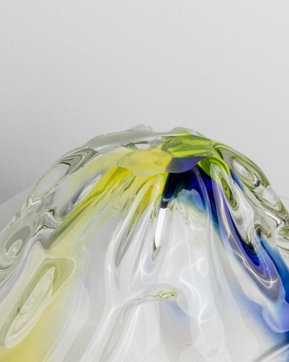 Vintage Schale Murano Glas oval klar mit Blau und Gelb Design Italien 1970er